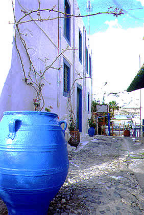 blue pithoi decorating street